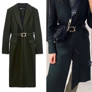 XL 🔖 ZARA Manteco Wool Gold Buckle Belt Lapel Collared Coat - Green